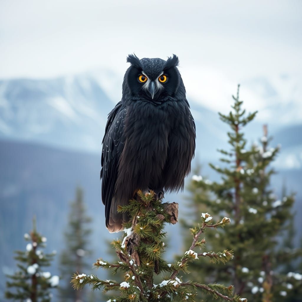 Giant Black Owl in Snowy Greenland Mountainscape