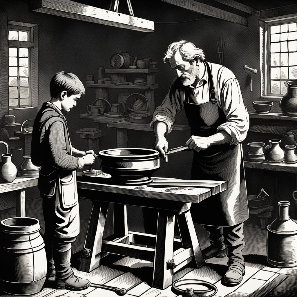 Forge Scene: Man and Boy in American Romanticism Style