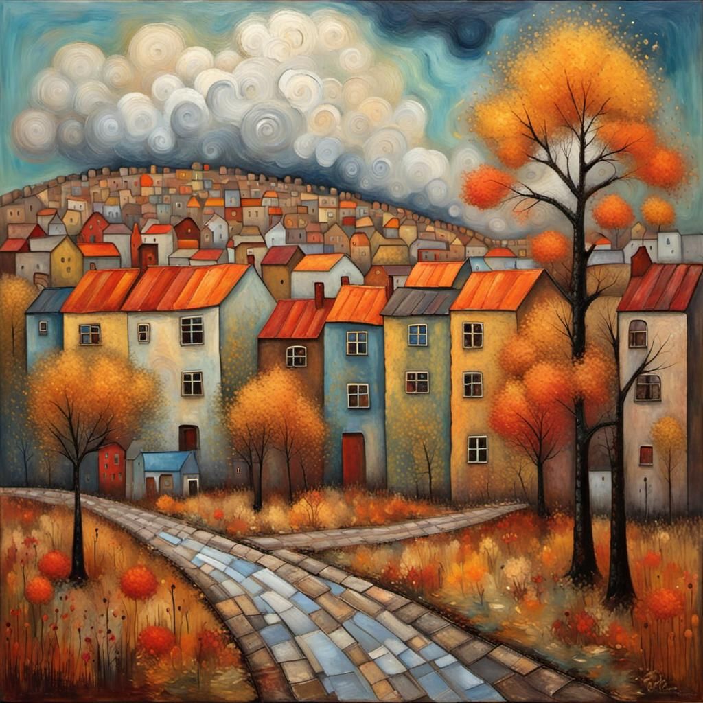 Scandinavian Autumn Town in Encaustic Impasto Style