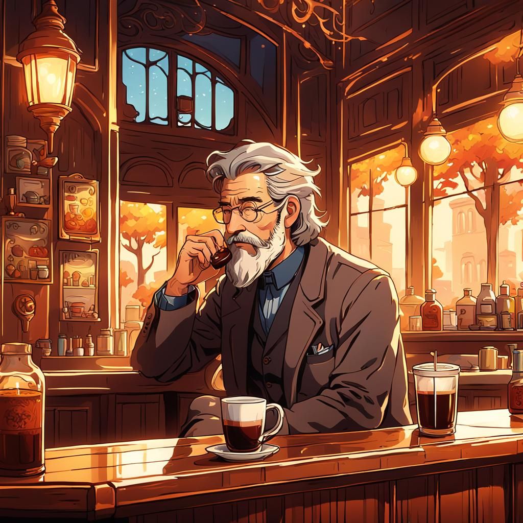 Italian Man Sips Espresso in Anime Autumn City