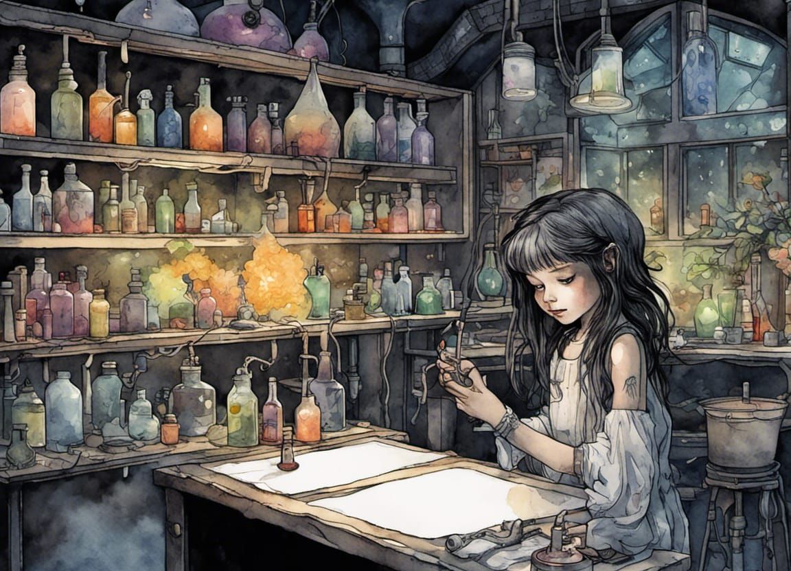 Cyberpunk Girl in Biology Lab: Watercolor Splash Art