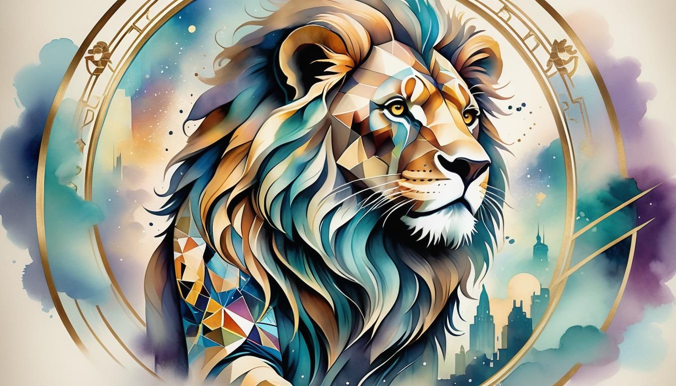 Art Deco Lion with Geometric Patterns in Watercolor
