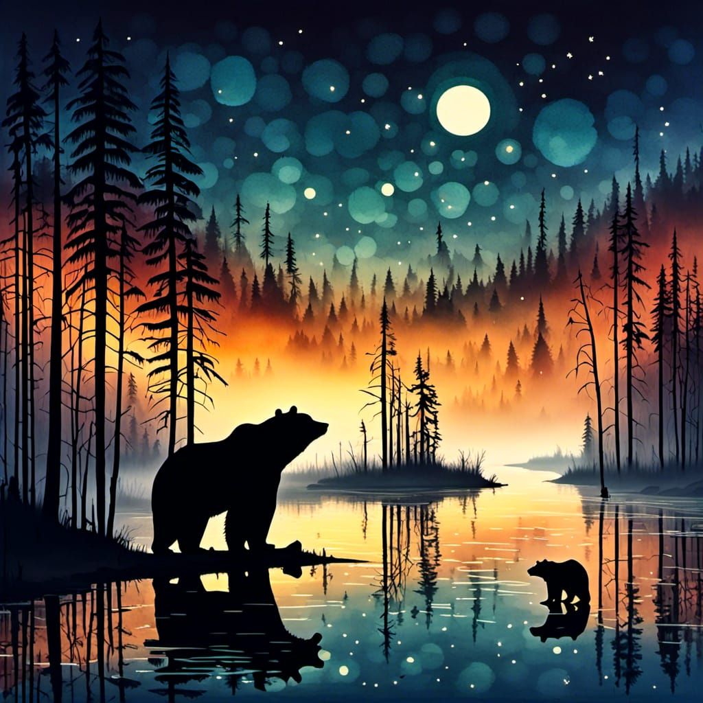Bear Silhouette with Midnight Reflections