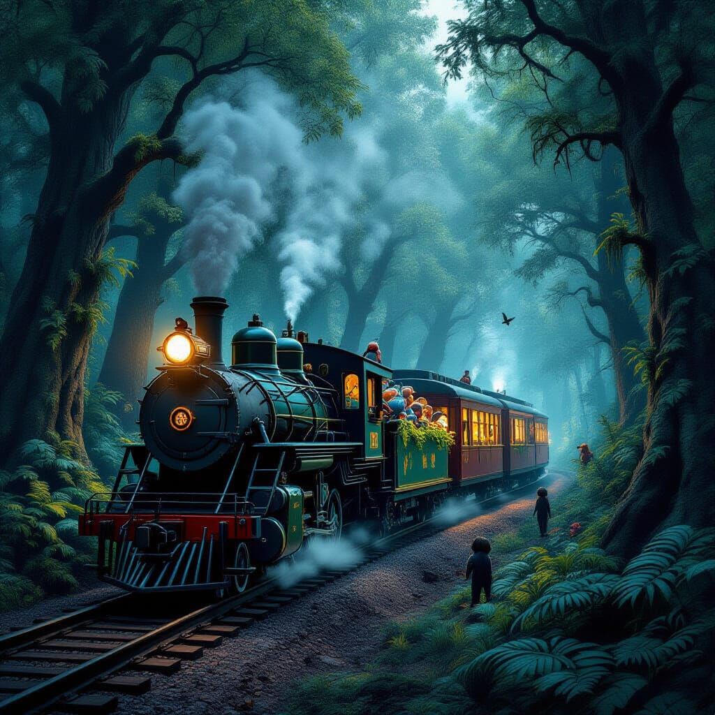 Enchanted Forest Train in Hyperdetailed Charcoal Style