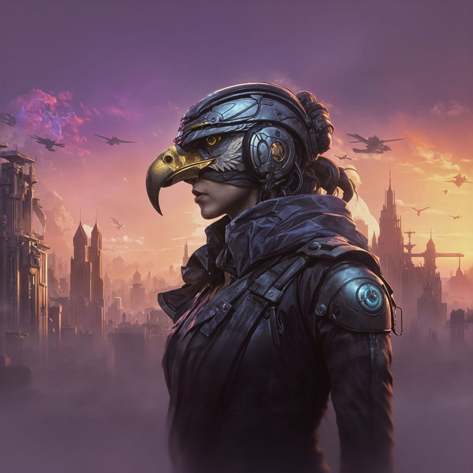 Android Woman with Eagle in Cyberpunk Cityscape