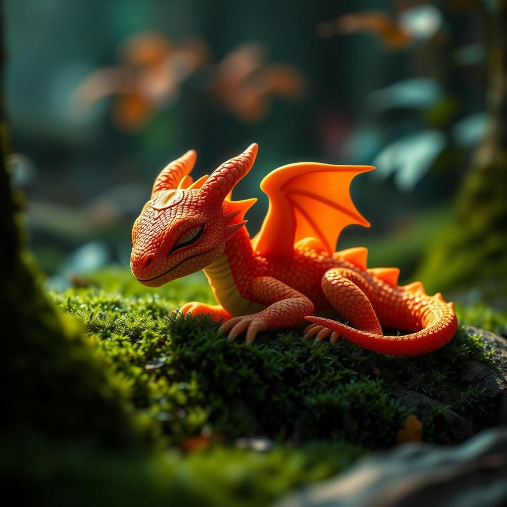 Neon Orange Dragon Sleeps in Dark Forest