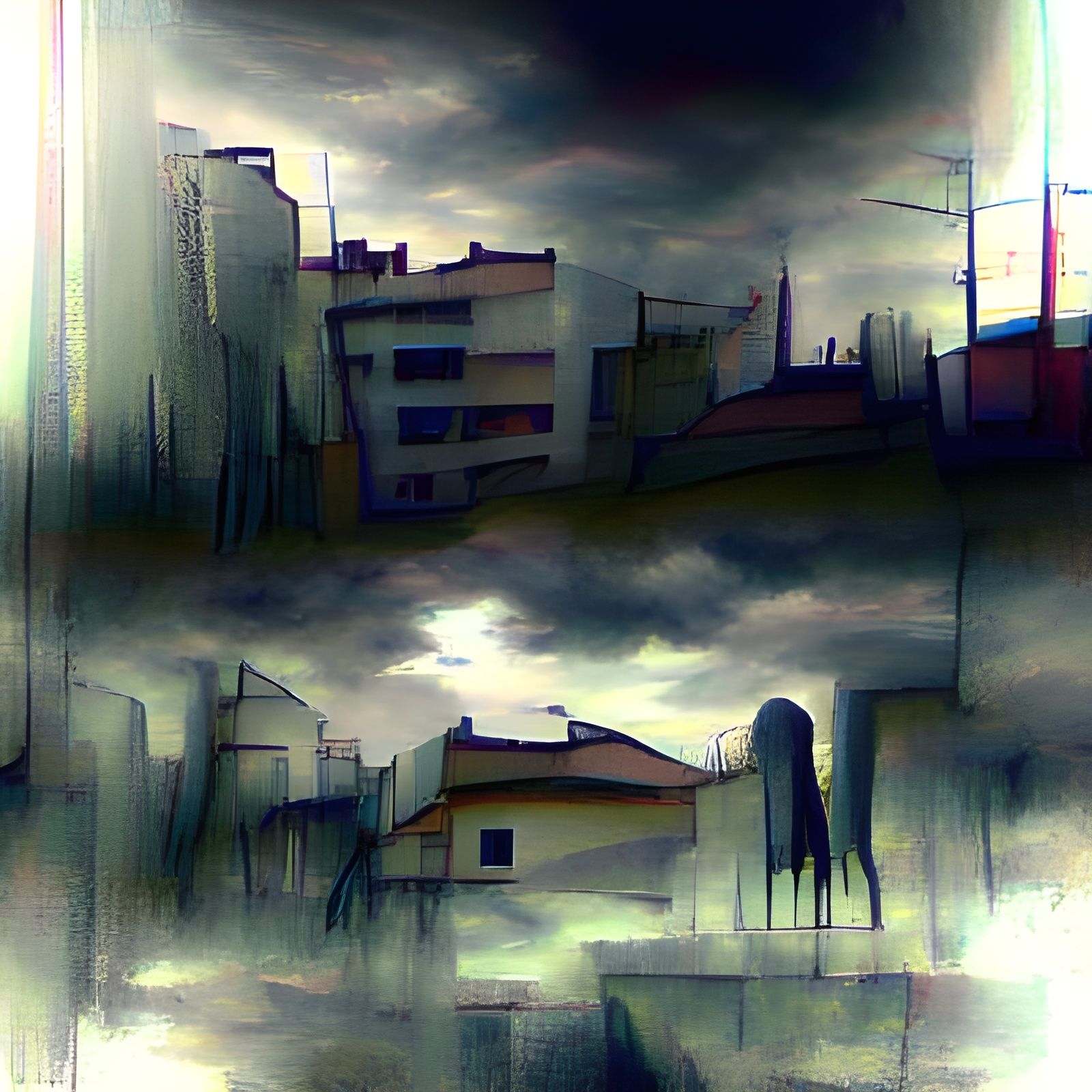 Dystopian Cityscape in Grisaille, Anime Style