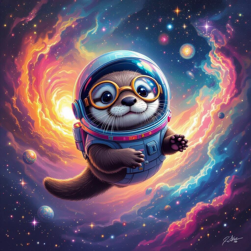 Cosmic Otter in Space Helmet, Neon Art Style