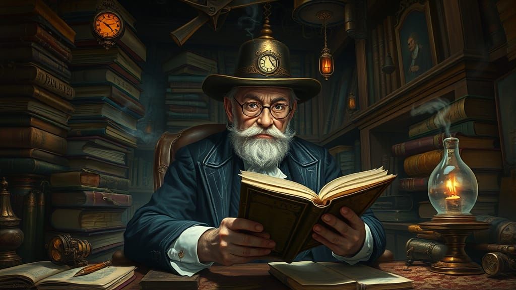 Steampunk Scholar Deciphers Ancient Texts in Dim Study