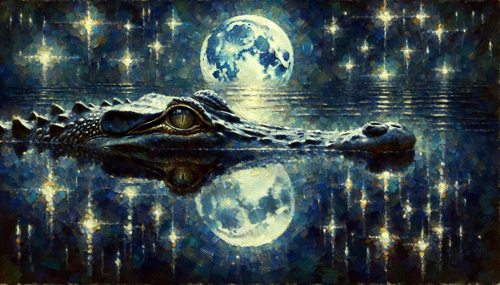 Nocturnal Alligator in Water, Textured Oil Painting