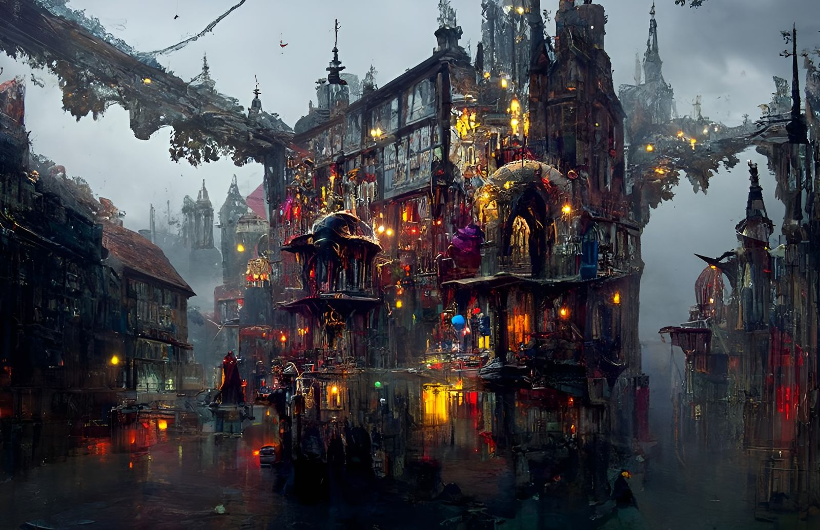 Rainy Medieval City with Auroras, Digital Painting