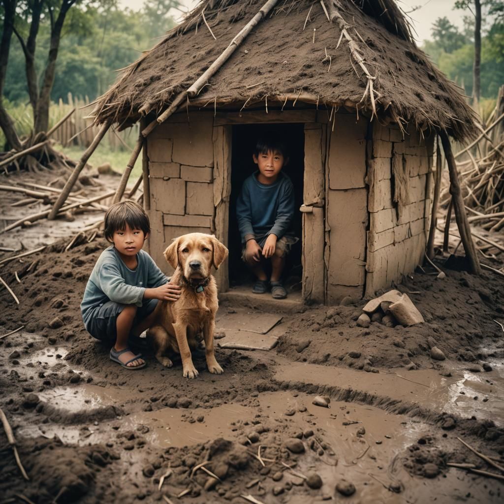 Child Builds Mud Hut with Animal Friends