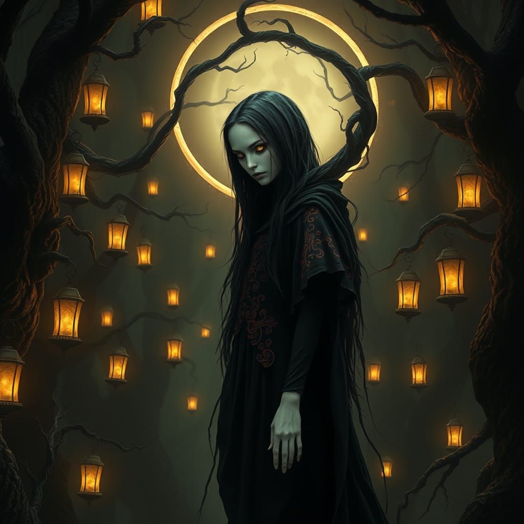 Fae Ankou in Dark Forest, Surrealism Style