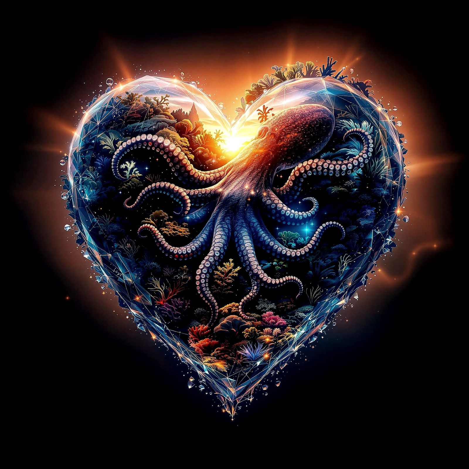 Surreal Octopus Emerges from a Vibrant Heart in a Fantasy Mo...