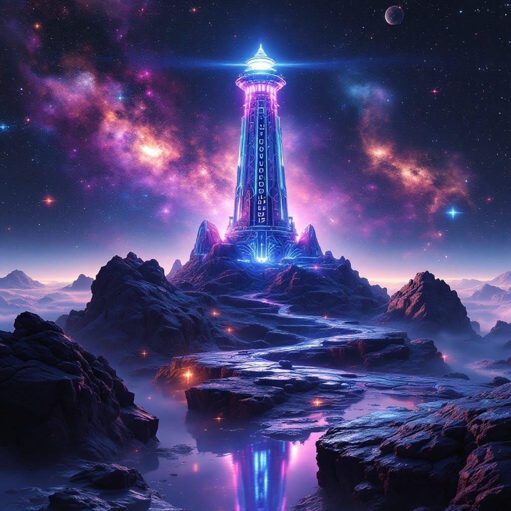 Futuristic Lighthouse on Asteroid in Sci-Fi Style