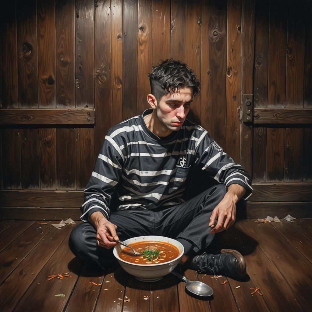 A Young Man in Prison Eating Soup