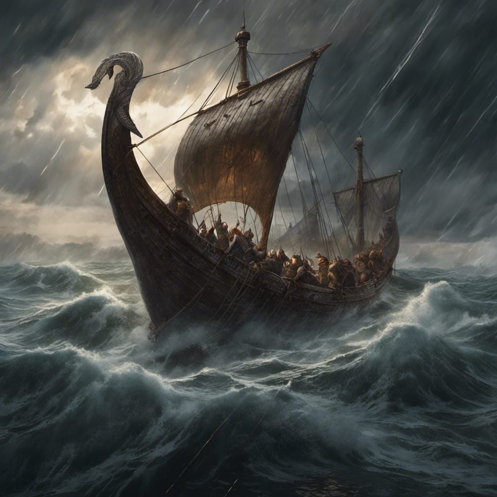 Viking Longships Fight Jörmungandr in Stormy Seas