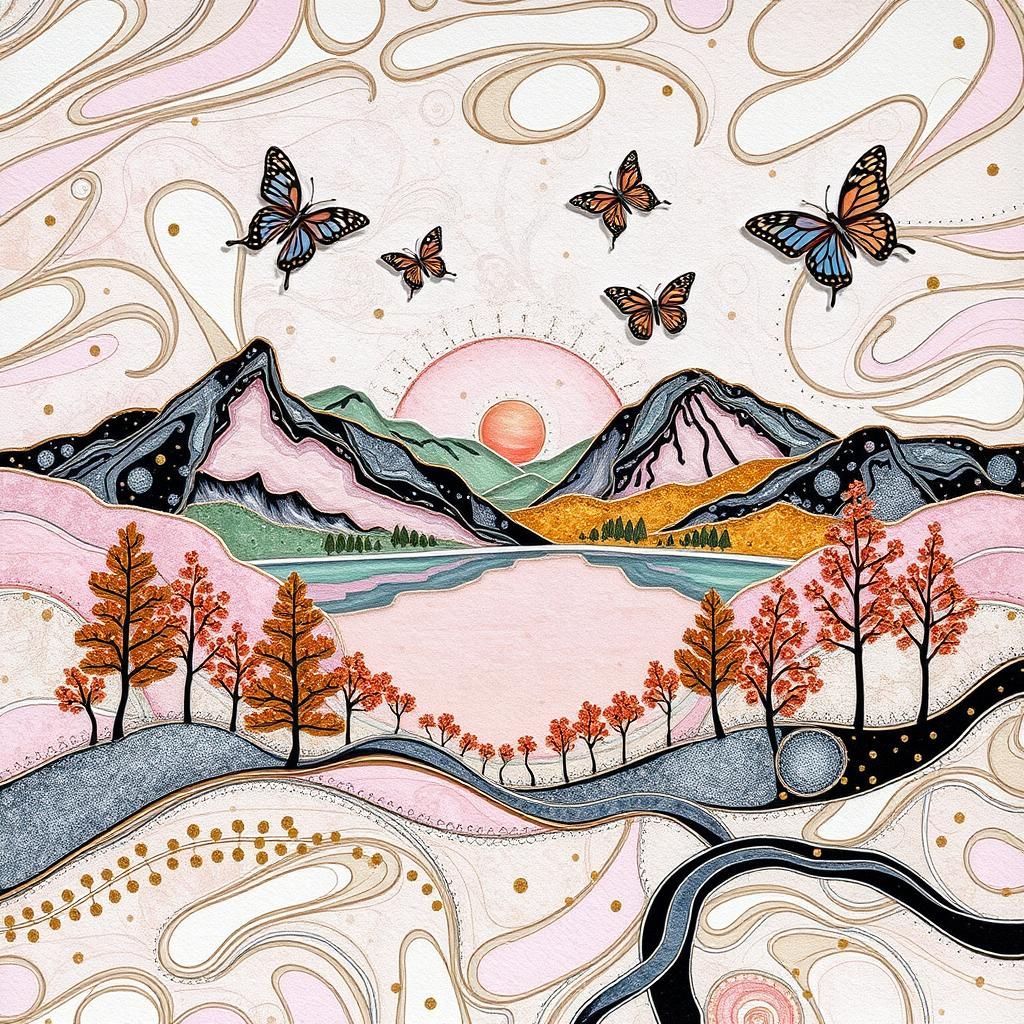 Abstract Spring Landscape with Zentangle Patterns