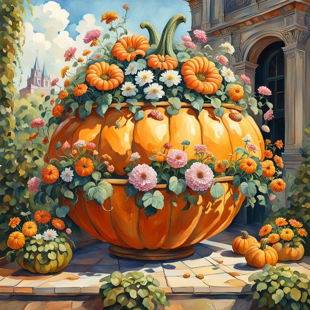 Gourd Planter with Flowers as Gouache Painting