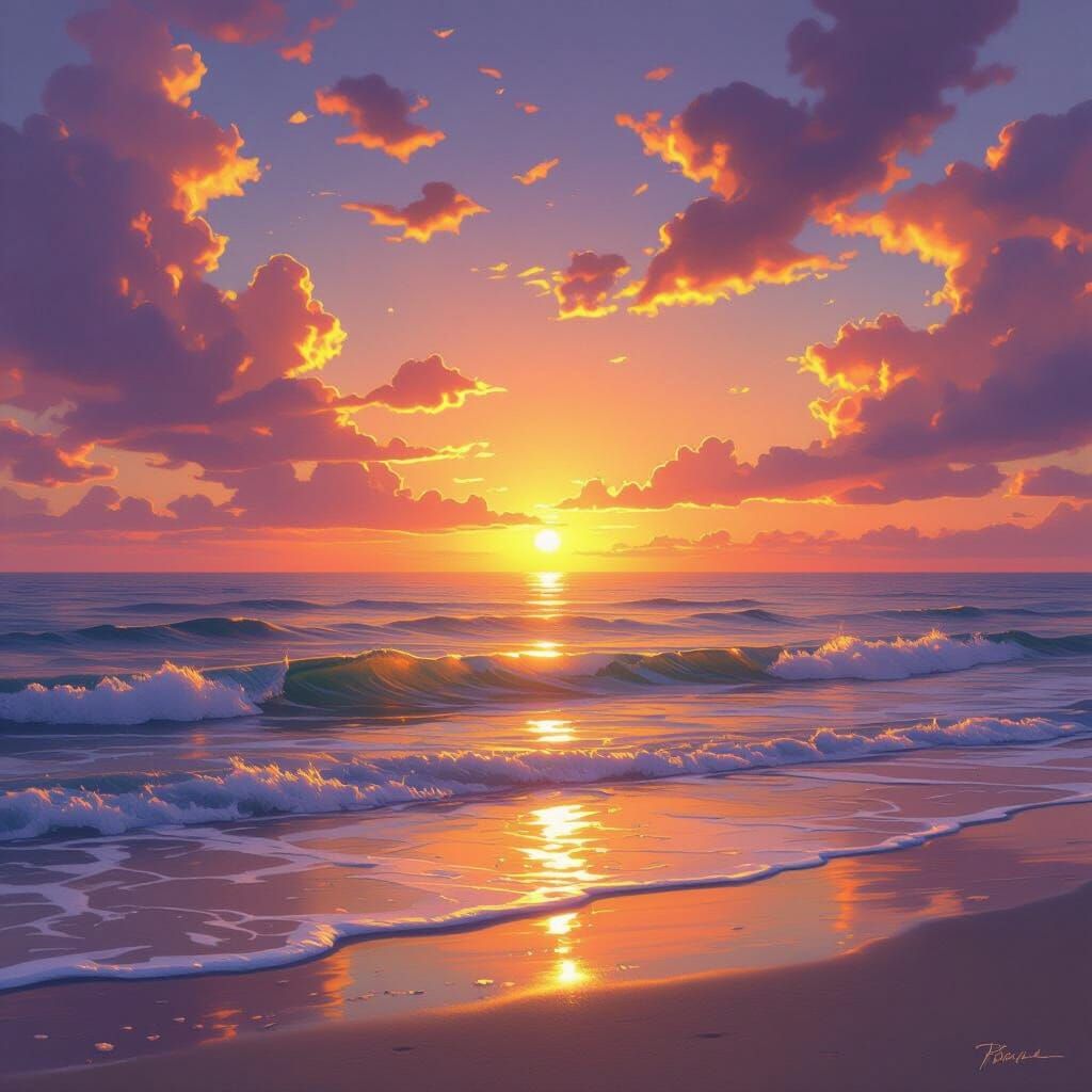 Magical Sunset Beach Scene with Golden Ocean Reflection