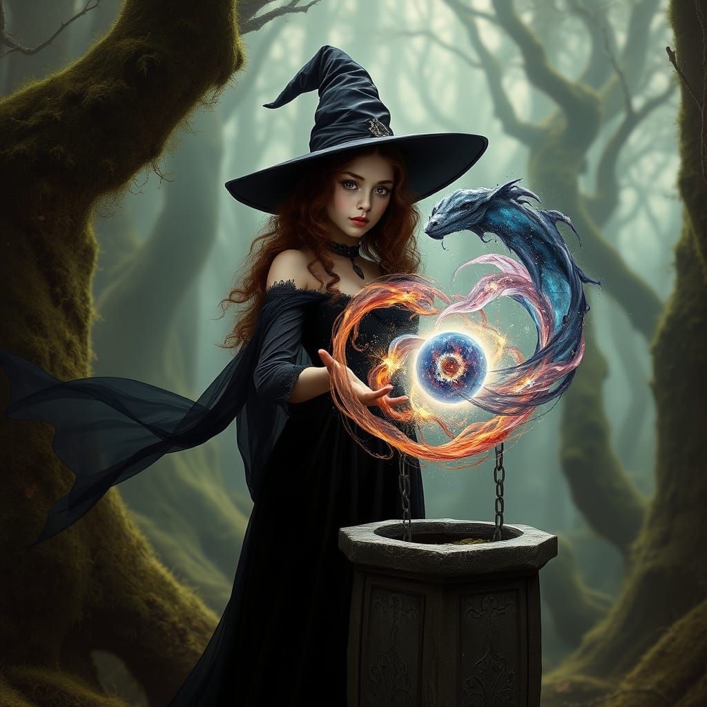 Renaissance Witch Conjures Galaxy in Mossy Forest