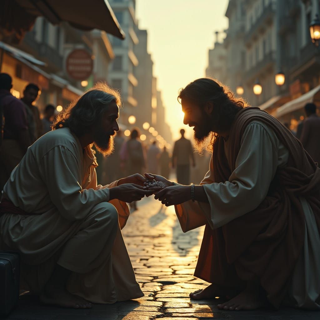 Jesus Provides for a Homeless Soul in City Streets