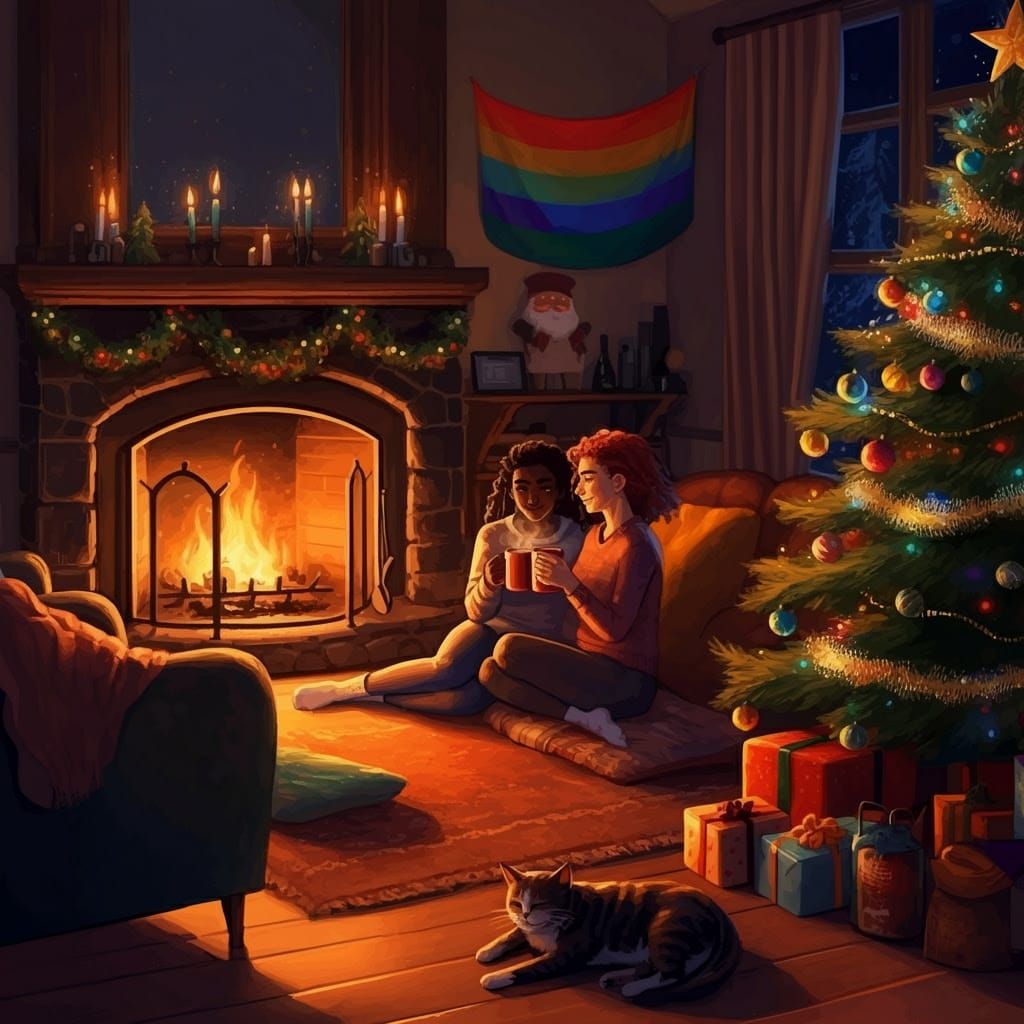 Warm Holiday Moment with Diverse Lesbian Couple