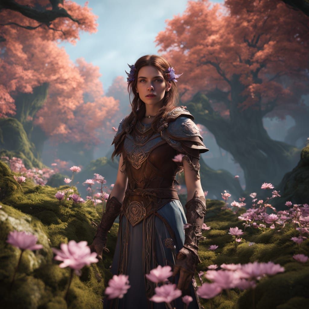 Young Half-Elf Druid With Blue Flowers in Hair