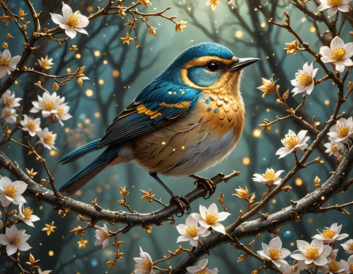 Glass Bird on Blossom Branch in Digital Painting Style