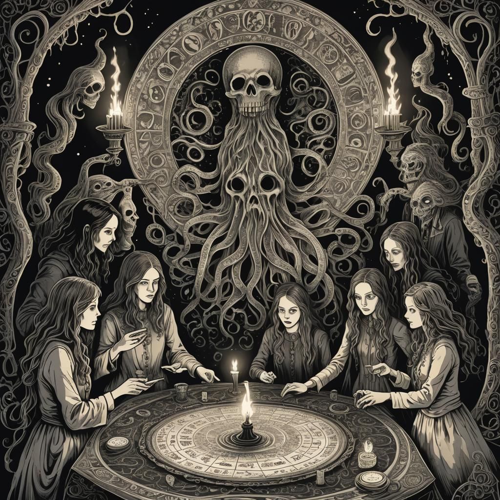 Mysterious Figures Around Witchboard with Ghostly Entity