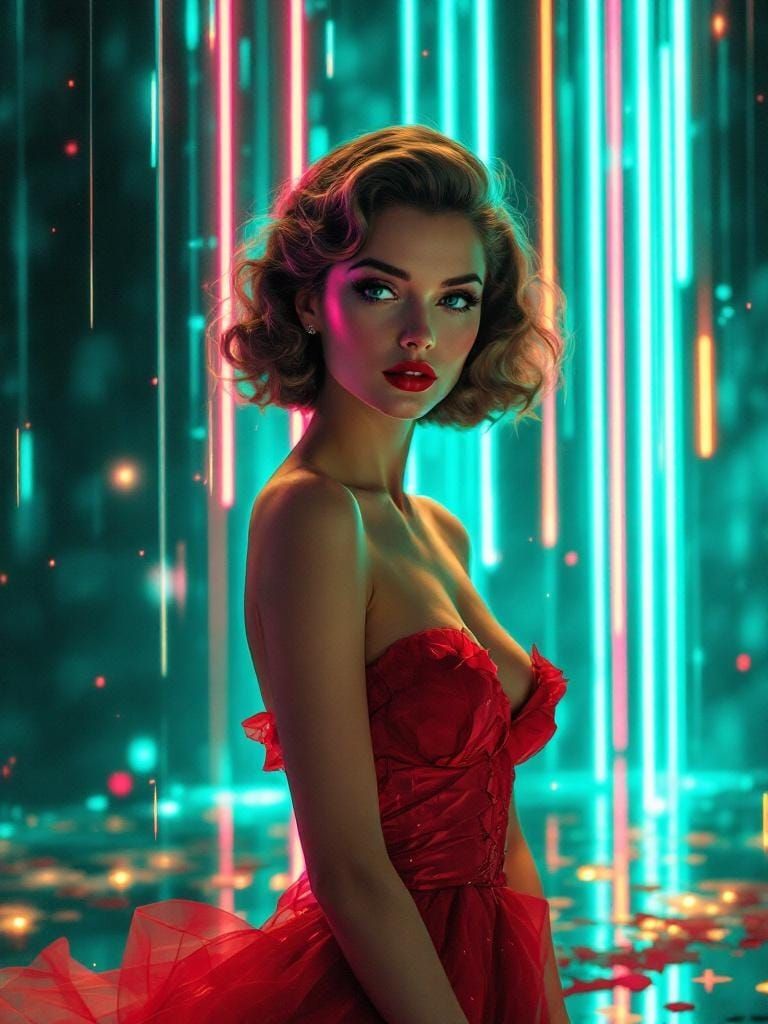 Luminous Neon Rain in Impressionist Style