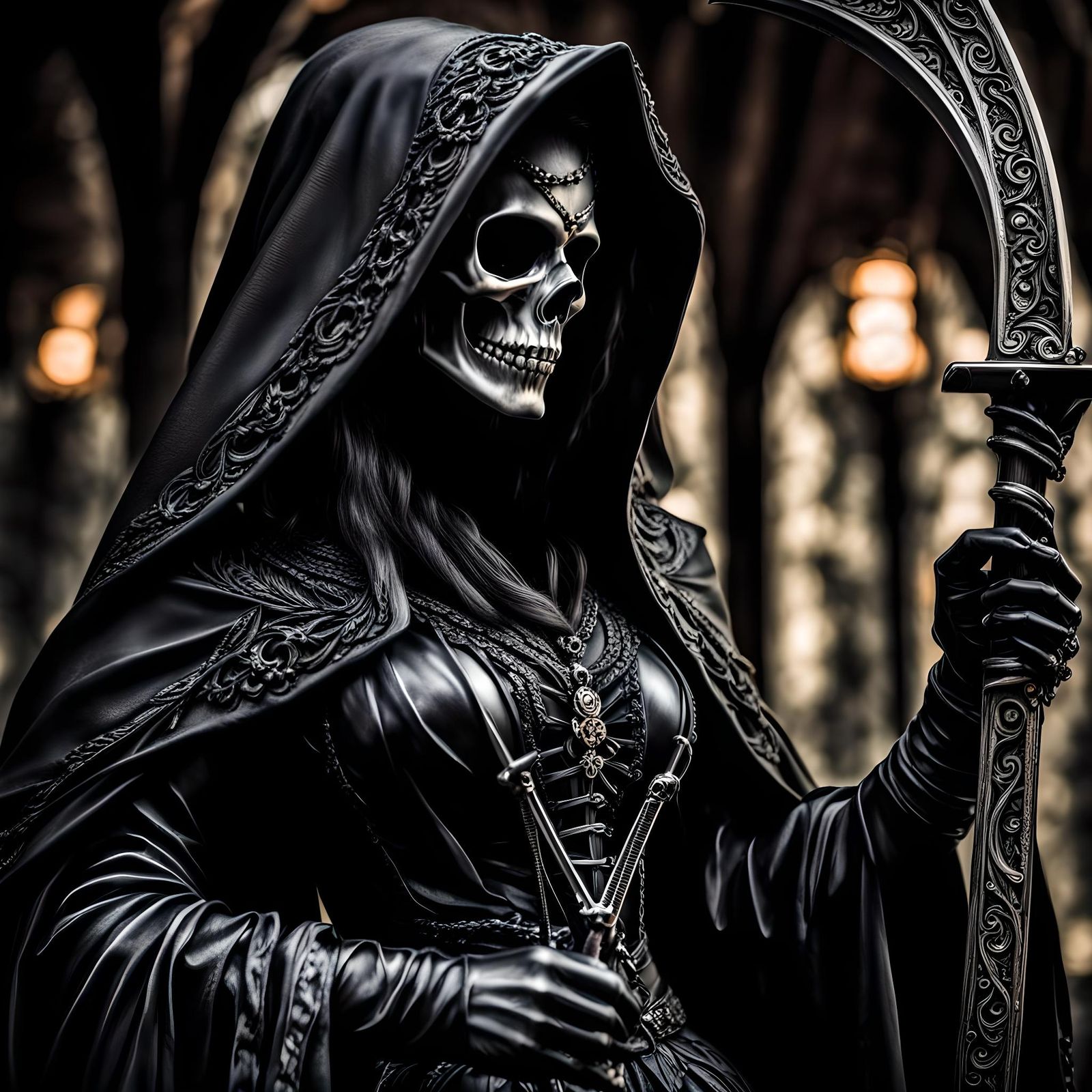 Beautiful Female Grim Reaper in Hyperrealistic Style