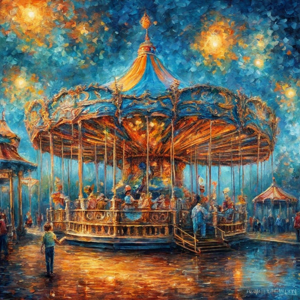 Vibrant Amusement Park Scene in Impasto Style