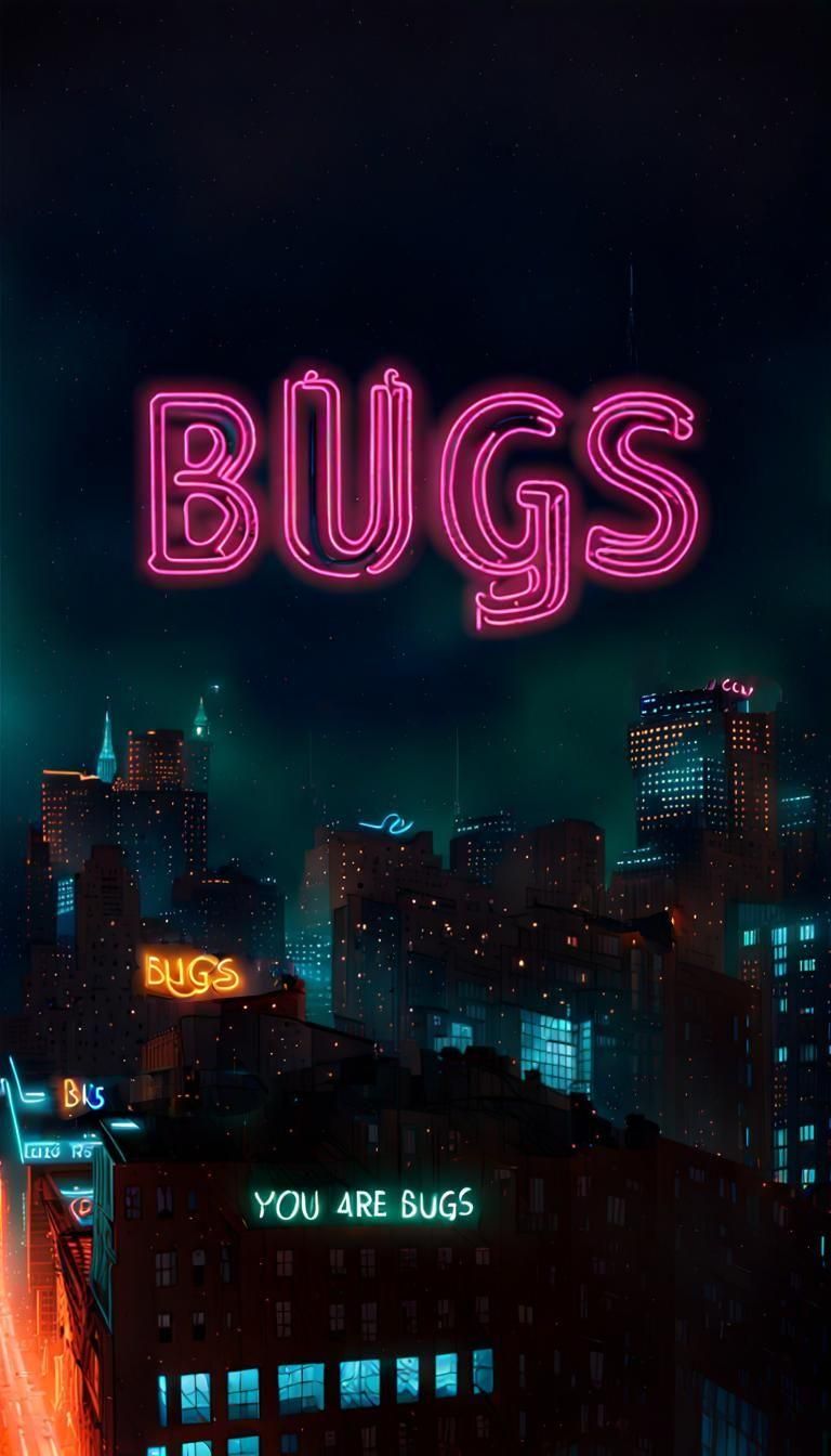 Neon Cityscape Message: You Are Bugs