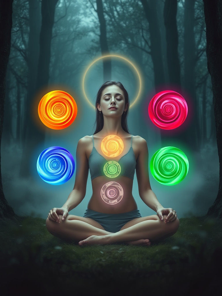 Meditative Woman in Forest with Chakra Orbs