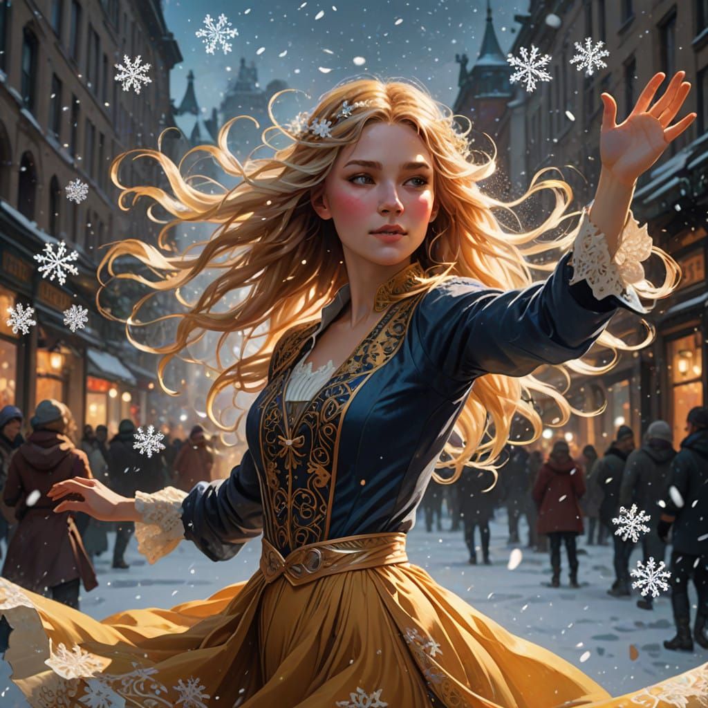Golden Goddess in Ethereal Snowflake Dance