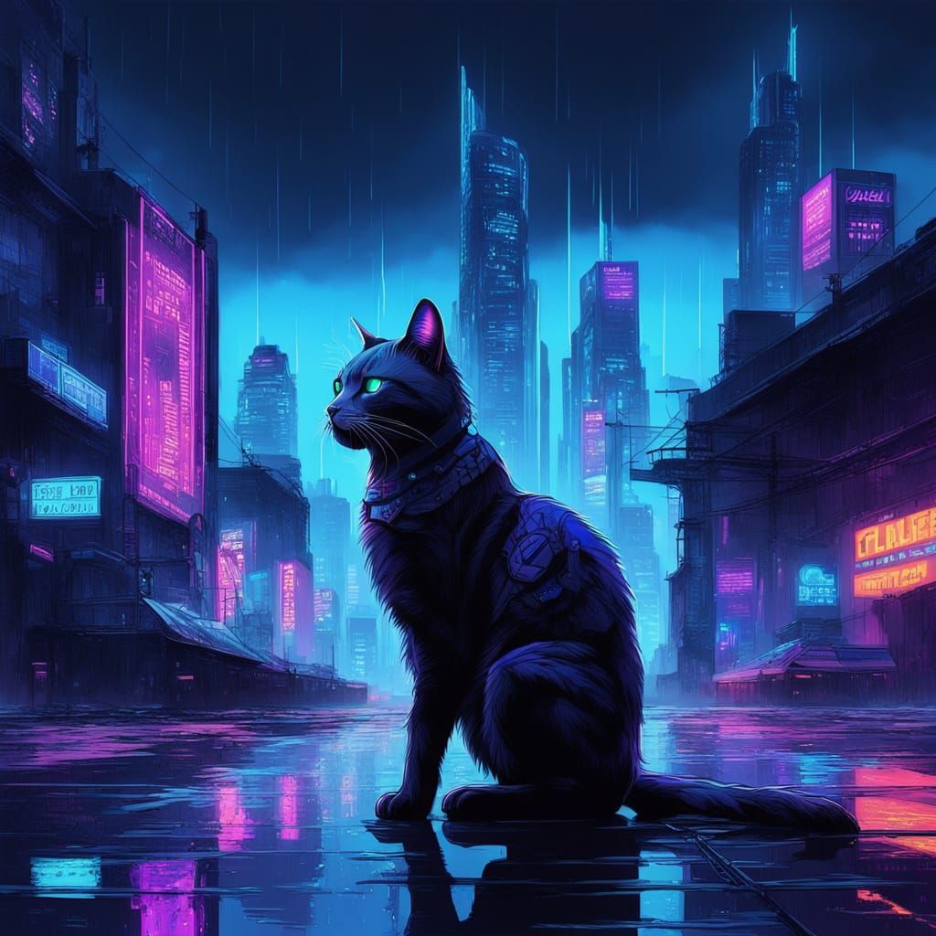 Cyberpunk Robot Cat in Futuristic Cityscape