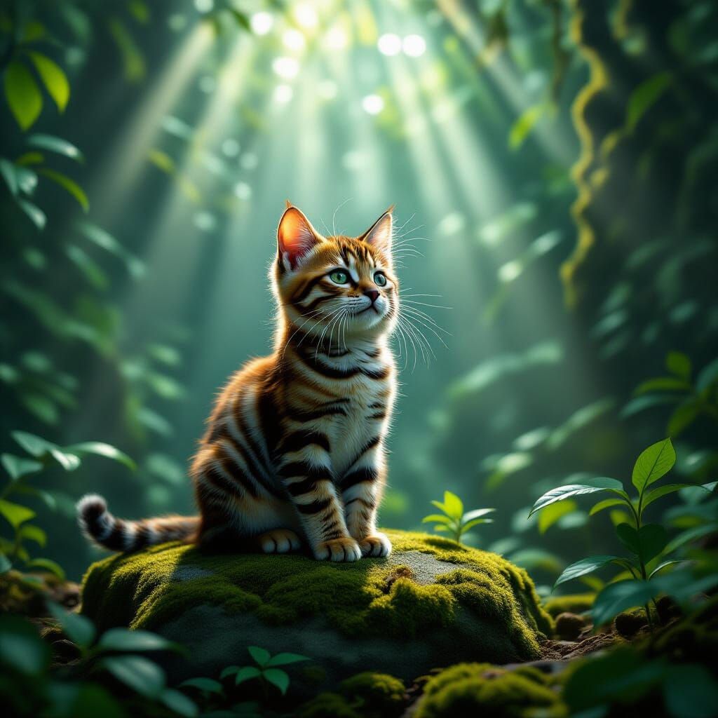 Tiny Cat Dressed as Tiger in Sunlit Jungle