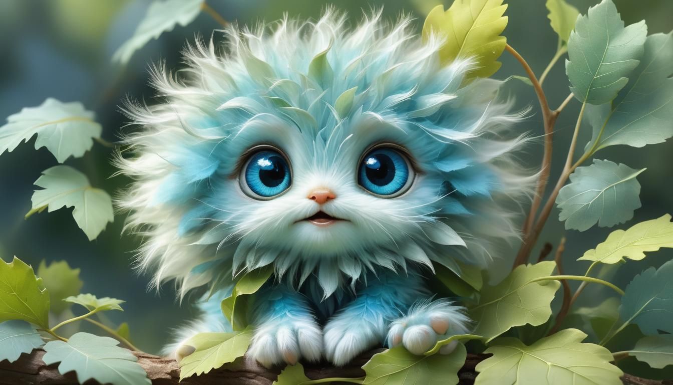 Adorable Dandelion Creature with Blue Eyes on Oak Leaves