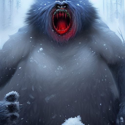 Menacing Blue Fur Yeti in Snowstorm, Dark Fantasy Art