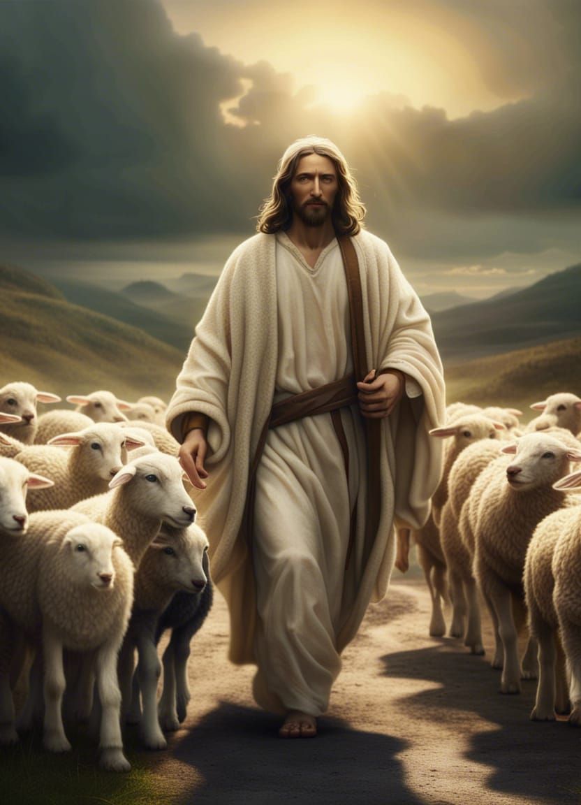 Jesus Christ Walking with Lambs in a Detailed Landscape