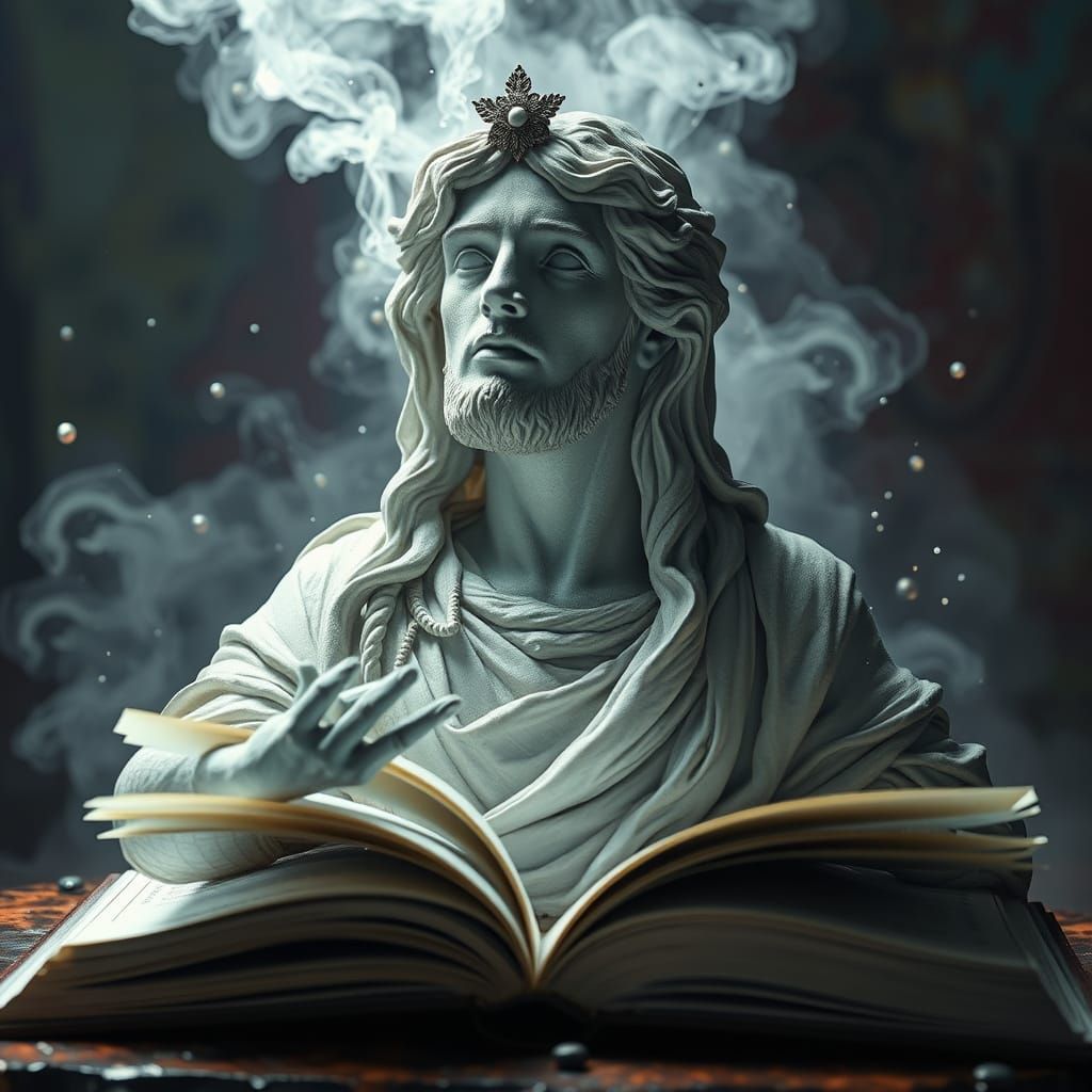 Surreal Statue Emerges from a Dream Within an Open Book