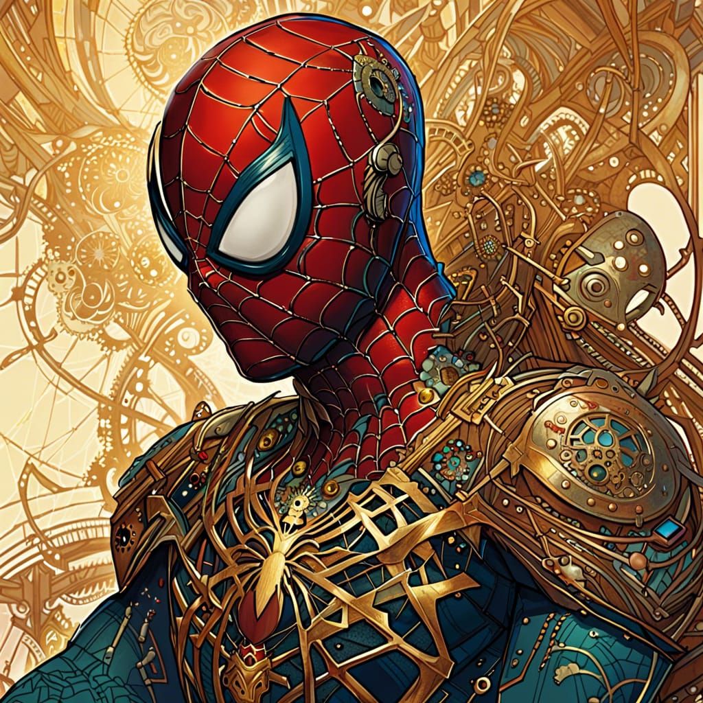 Steampunk Spiderman with Golden Outlines Digital Art
