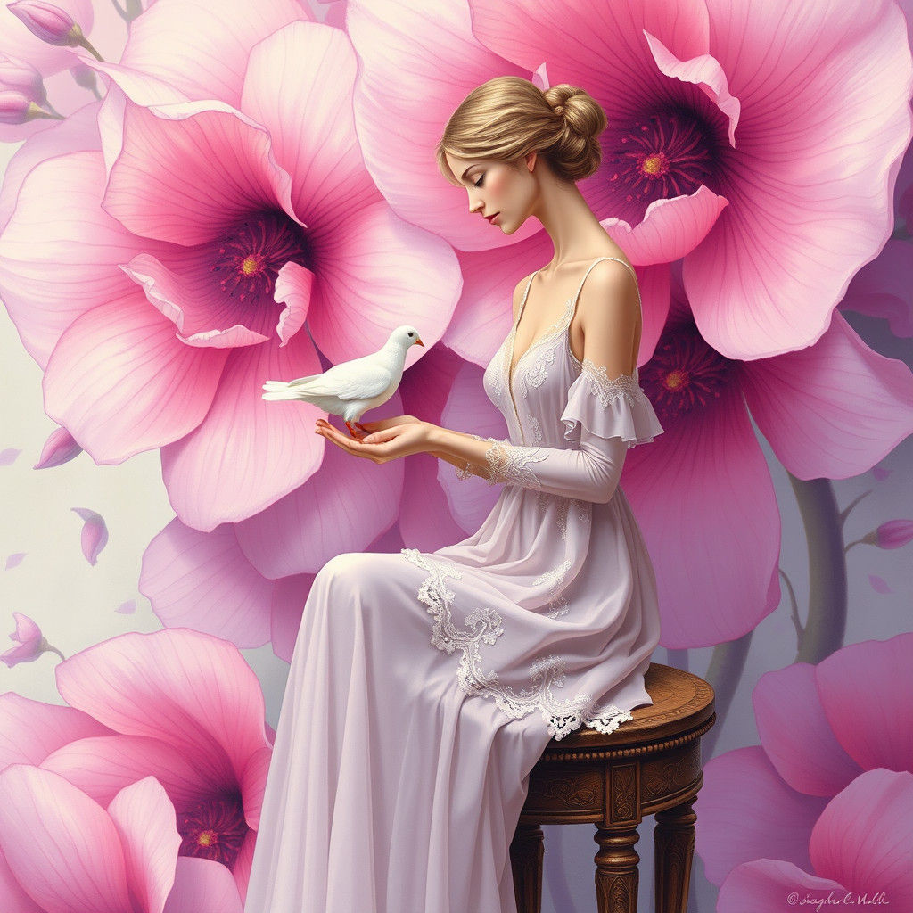 Ethereal Woman with Dove in Dreamy Floral Tapestry