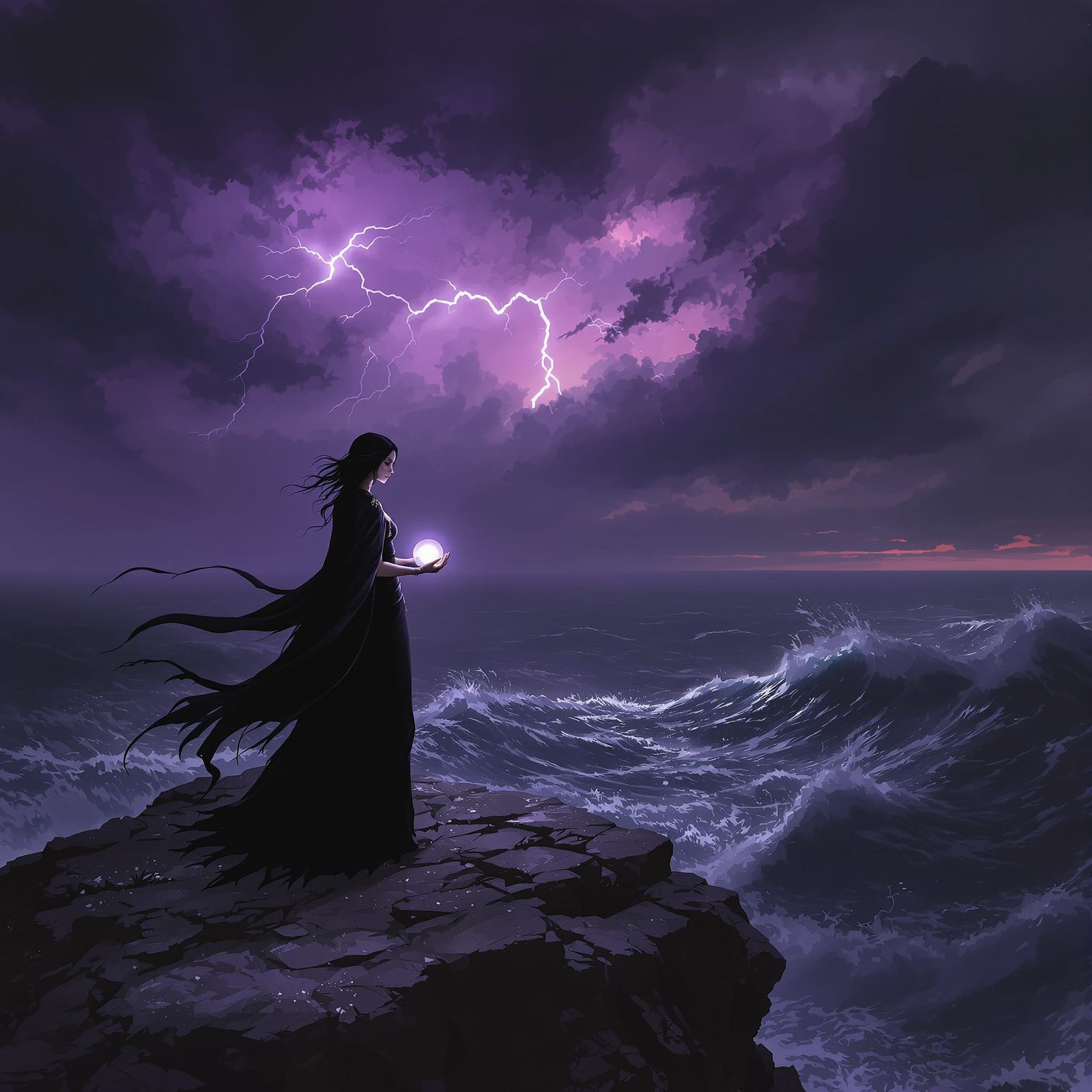 Enchantress on Cliff Overlooking Stormy Sea with Glowing Orb