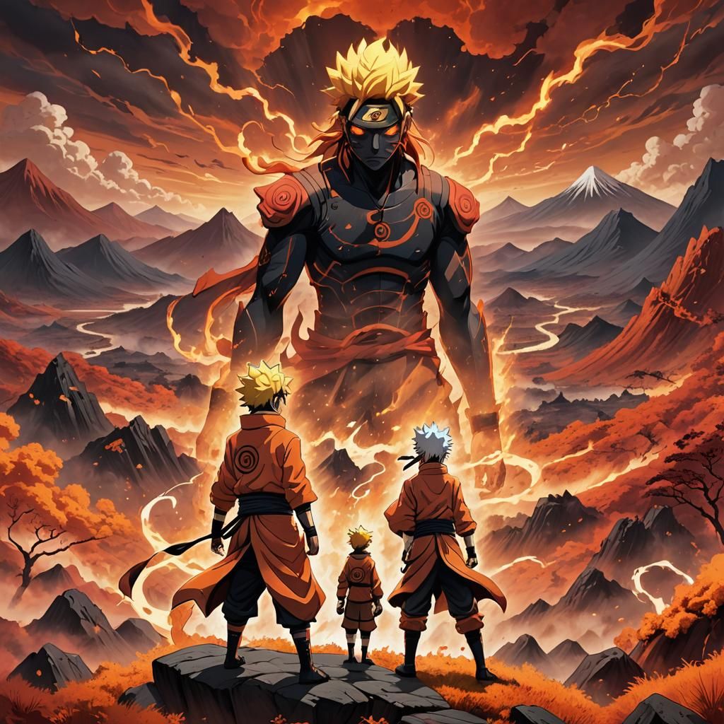 Naruto and Kurama in Fiery Landscape