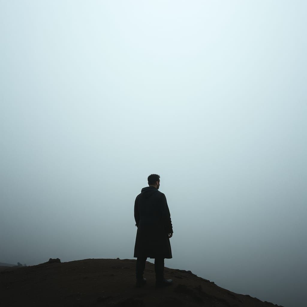 Contemplative Figure in Misty Landscape with Film Grain