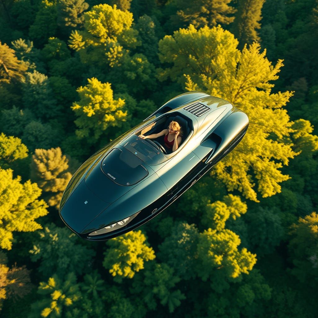 Woman Soars in Futuristic Hover Car Over Lush Forest