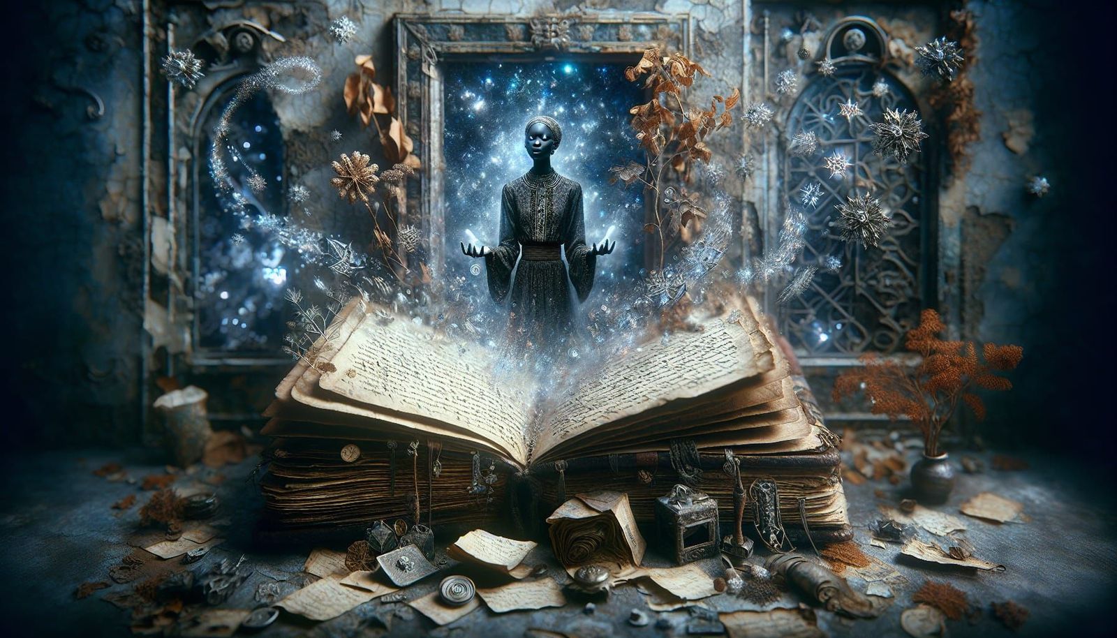 Ethereal Ghost Ascending from Antique Diary as Surreal Art