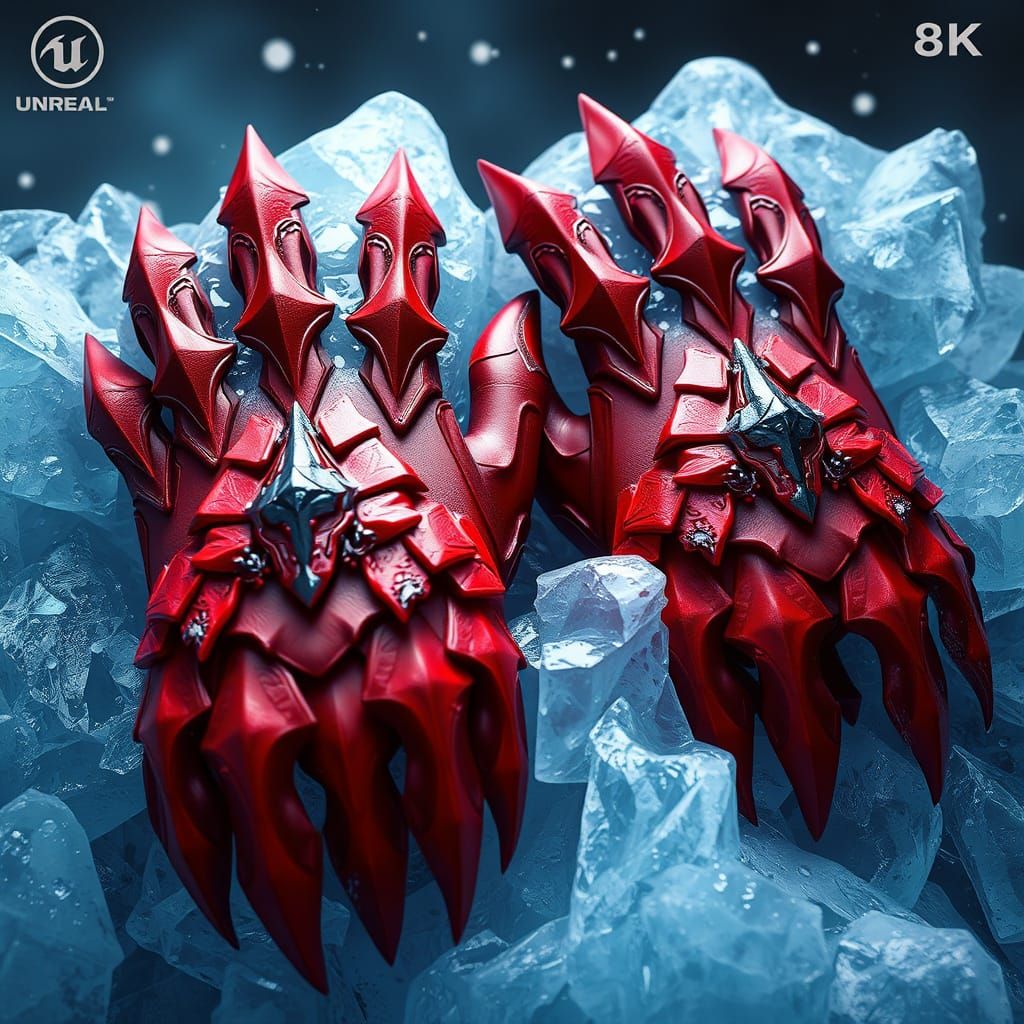 Ethereal Ice Gauntlets in Red, a Fantastical Concept Art Pie...